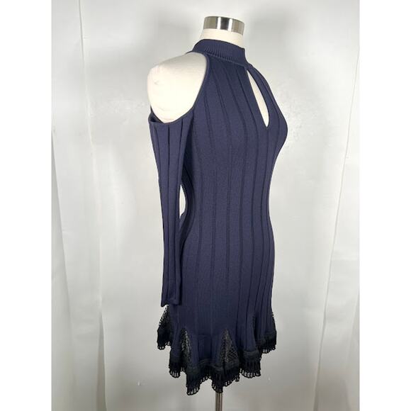 Jonathan Simkhai Keyhole Mock Neck Mini Dress XS Navy Blue Cold Shoulder Knit - Picture 2 of 8